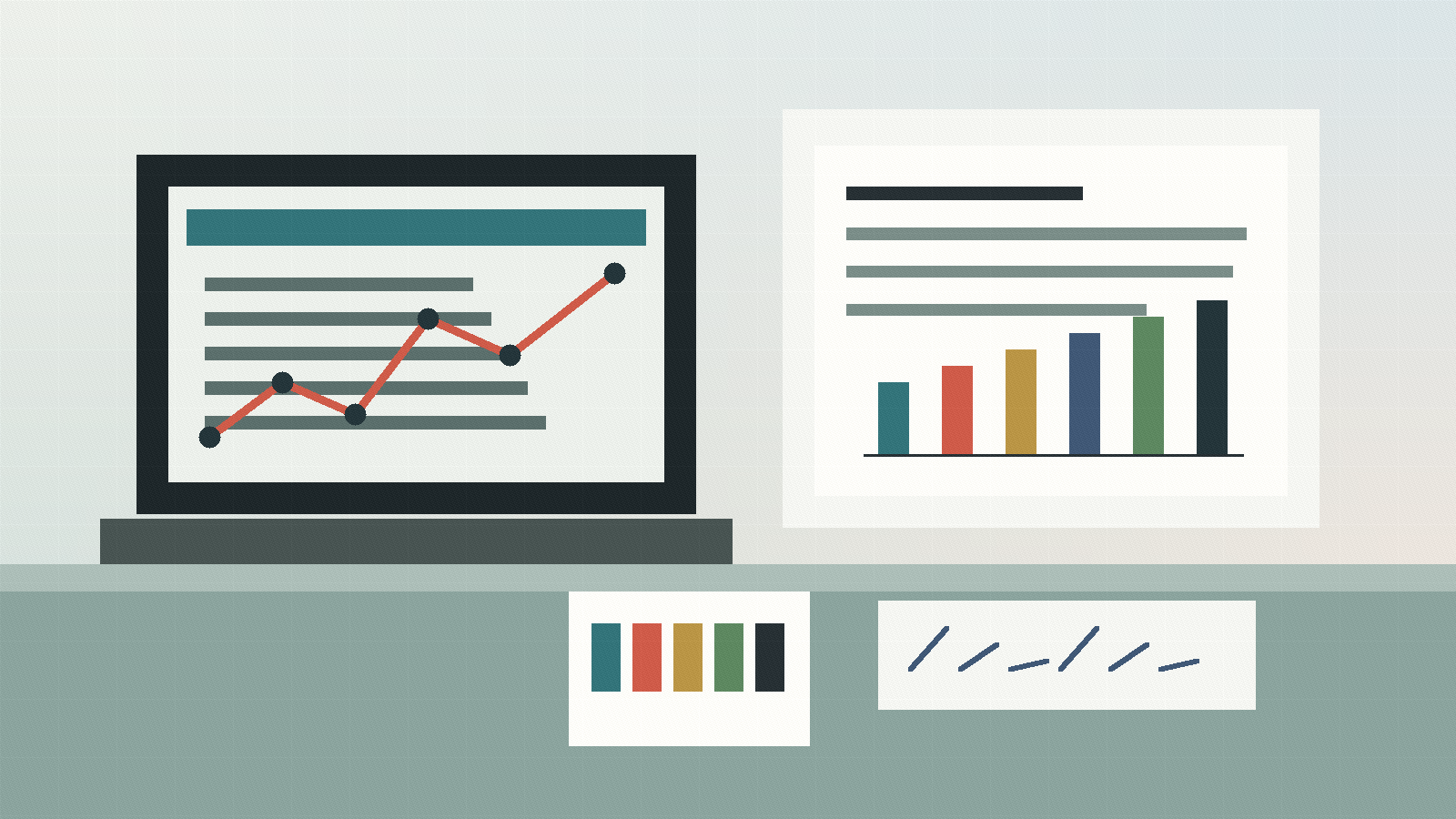 Consulting workspace with operating charts and planning documents